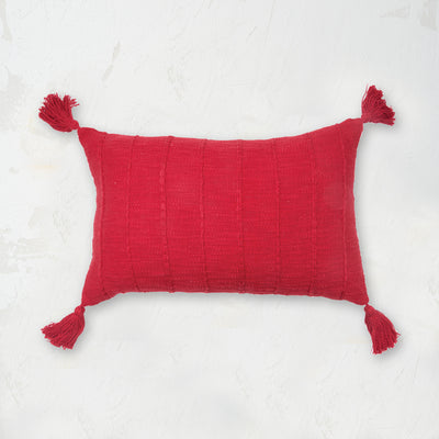 red cotton slub pillow with fringed edges