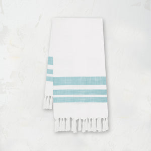 woven kitchen towel with light blue stripes on a white background